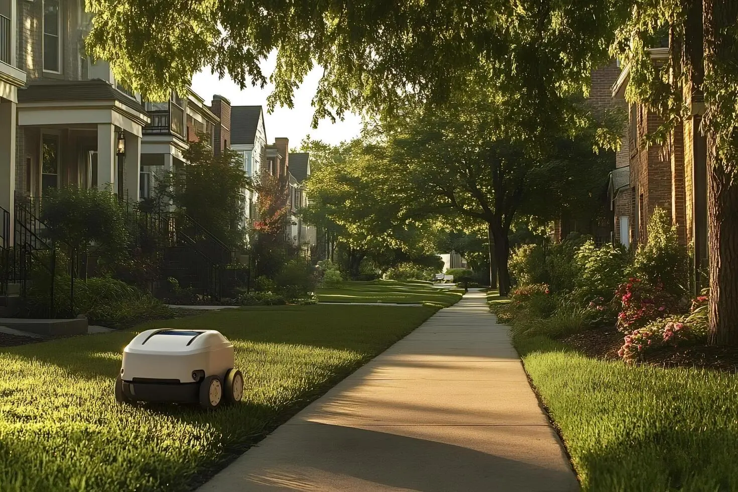 Robot on suburban sidewalk