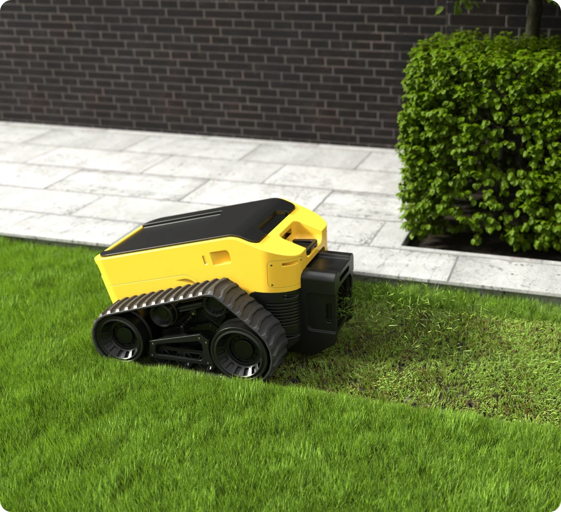 Yellow robotic lawn mower on grass